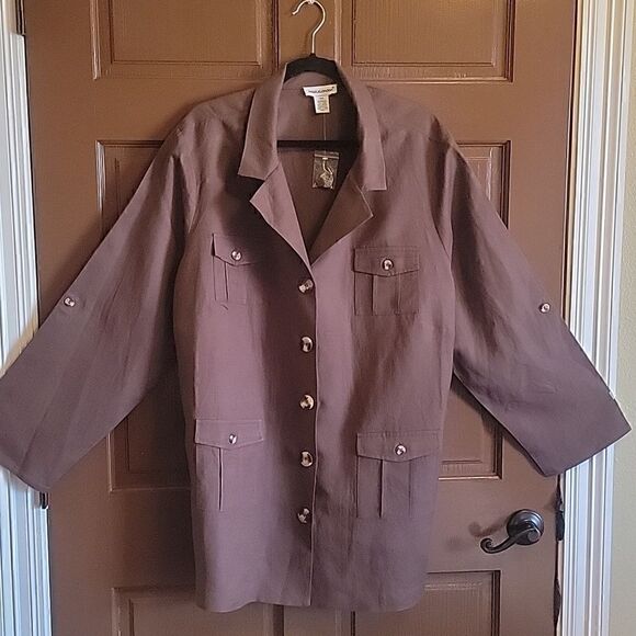Jessica London- Linen/Rayon brown collared button down front Jacket 26W. NWT. - Picture 2 of 11